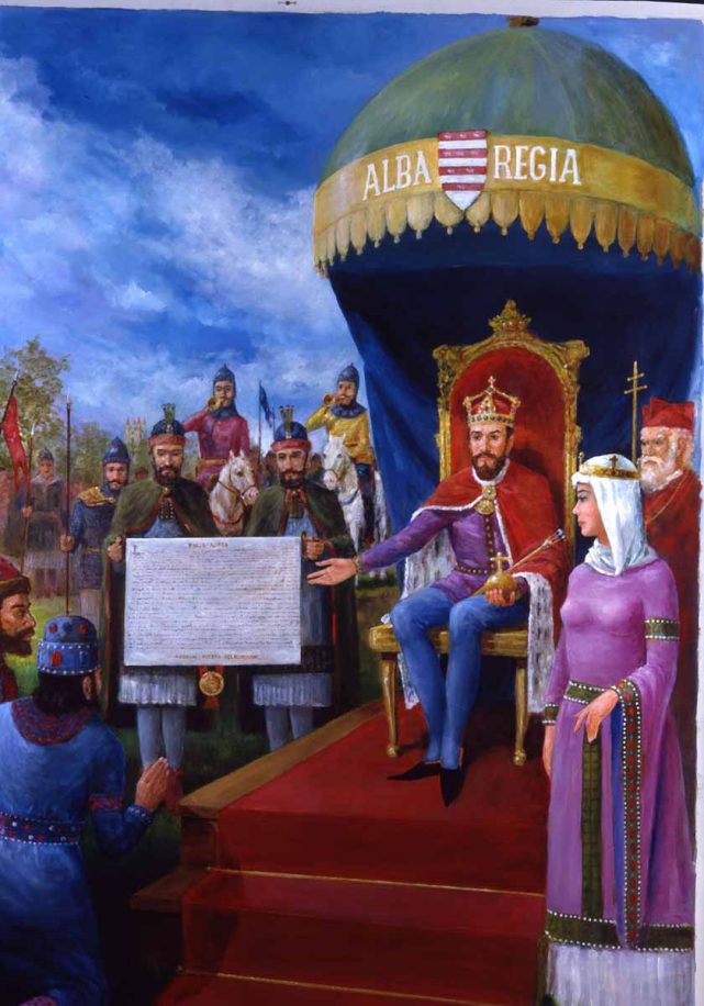 Andrew II, 1205-1235, was politically corrupt and economically inept. His alienation of Hungarian nobility led to rebellion in 1213. The Servientes, the professional court soldiers, compelled him to sign Hungary's equivalent of the Magna Carta, the Golden Bull, in 1222, guaranteeing their personal rights and the right of rebellion against the king and eliminating taxation of the nobility. Painting is detail of the full image. This painting is part of the Hungarian millecentennial historical suite in the Museum of Hungarian Military History in Budapest.