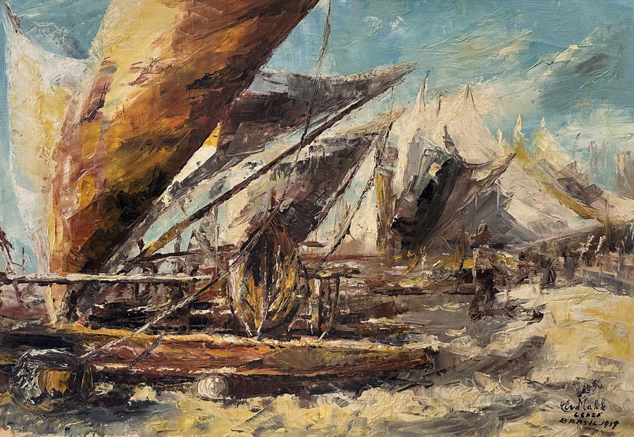 Iracema by Eva Makk shows stylized sailing boats tied up along the Amazon Riverbank.
