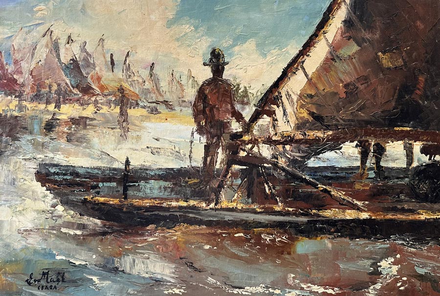 Jangada Ceara by Eva Makk shows a man in silhouette sailing hs river boat into a harbor.