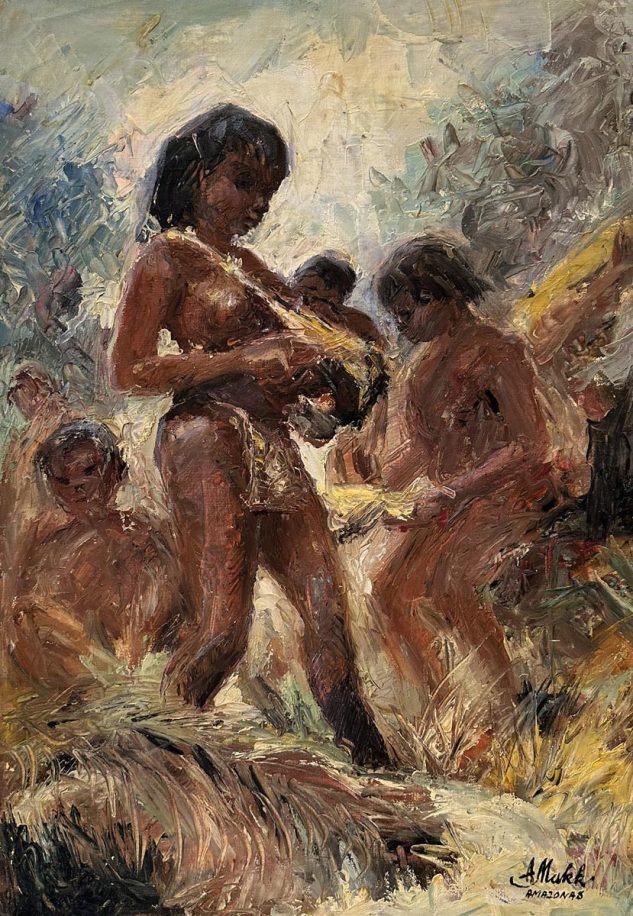 Jungle Life Amazonas by Americo Makk shows a woman with a baby in a sling across her chest. There are other women in the background