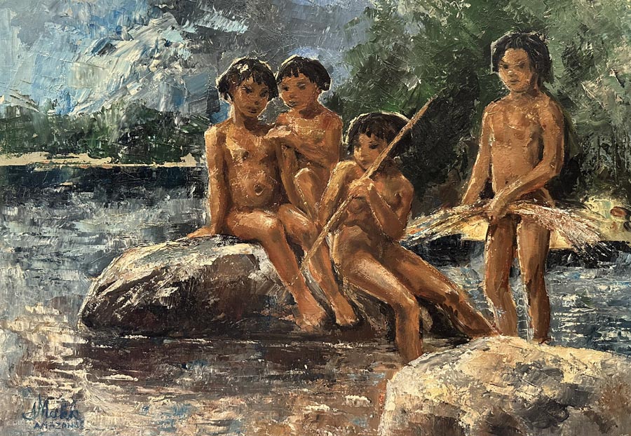 Juventude Indígena by Americo Makk shows 4 juvenile boys on rocks in a shallow part of the river. One holds a fishing spear.