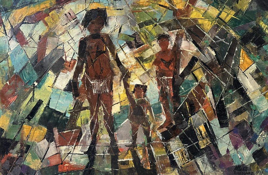 Kaleidoscope by Americo Makk is an abstract portrayal of people in the jungle. The style is reminiscent of a kaleidoscope.