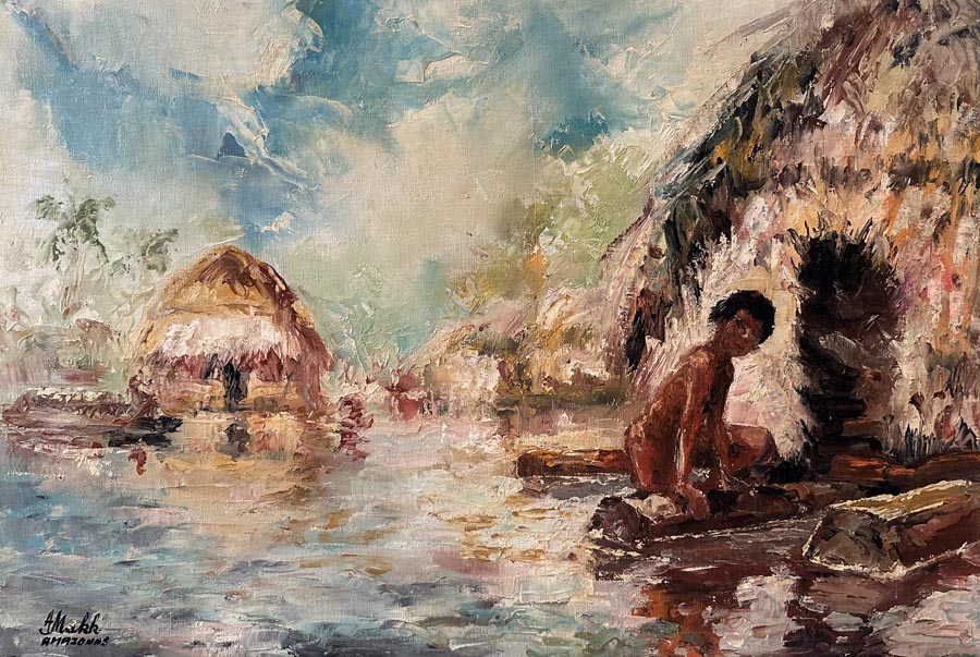 Lull by Americo Makk shows several huts along the Amazon River bank. There is a figure kneeling in front of the hut in the foreground.