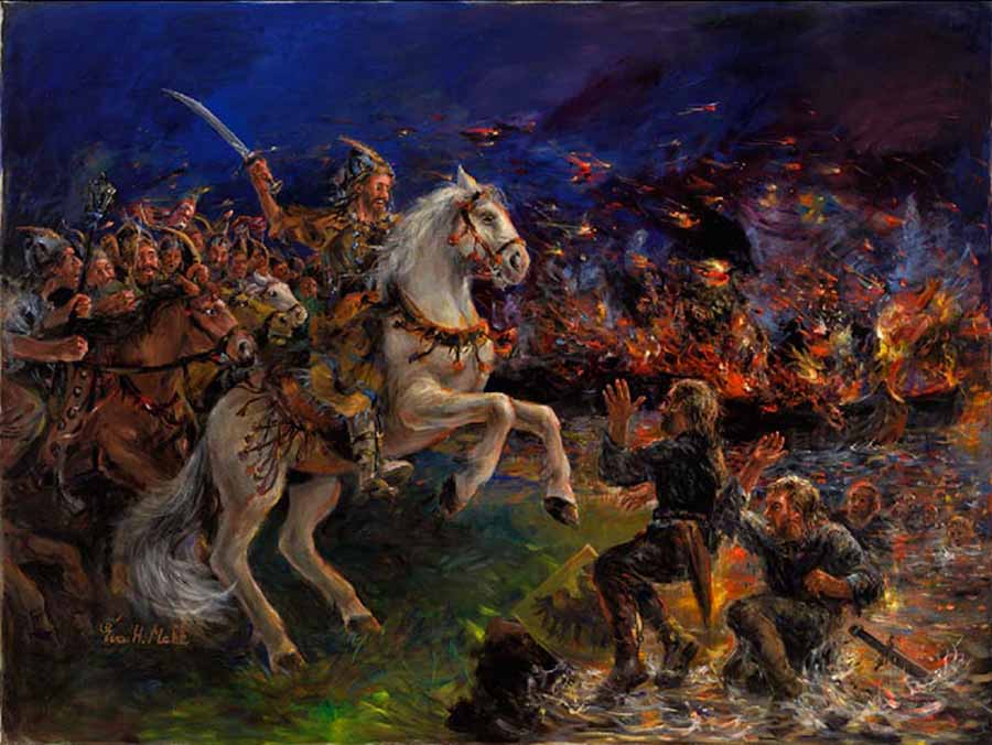 At the battle of Pozsonyi (Pressburg) on the Danube in summer 907 C.E, about 30,000 Hungarian irregulars, mostly farmers called from tending their fields, defeated an invading army of more than 100,000 German, French, and Italian professional soldiers. On this evening of the second day of battle, the Hungarians cut the invaders' supply lines by holing their boats, setting them on fire - flaming arrows arch through the sky - and then rounding up everyone who swam to shore. Survivors were eventually repatriated. This painting is part of the Hungarian millecentennial historical suite in the Museum of Hungarian Military History in Budapest.