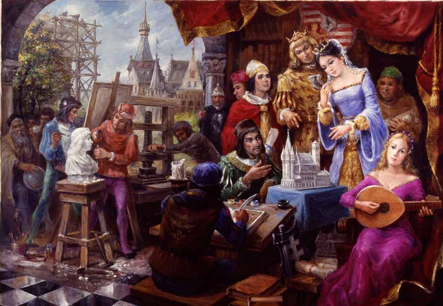 Mathias (1458-1490) was literally a Renaissance man: a soldier and humanist and patron of the arts, sciences, and church, he sponsored the famed Buda Picture Chronicle and united Central Europe politically and economically. The painting depicts him showing Beatrix, his Italian queen whose name means "beauty," a model of their new palace, while around them work scientists, painters, sculptors, and architects, printers, codex writers, and musicians. This painting is part of the Hungarian millecentennial historical suite in the Museum of Hungarian Military History in Budapest.