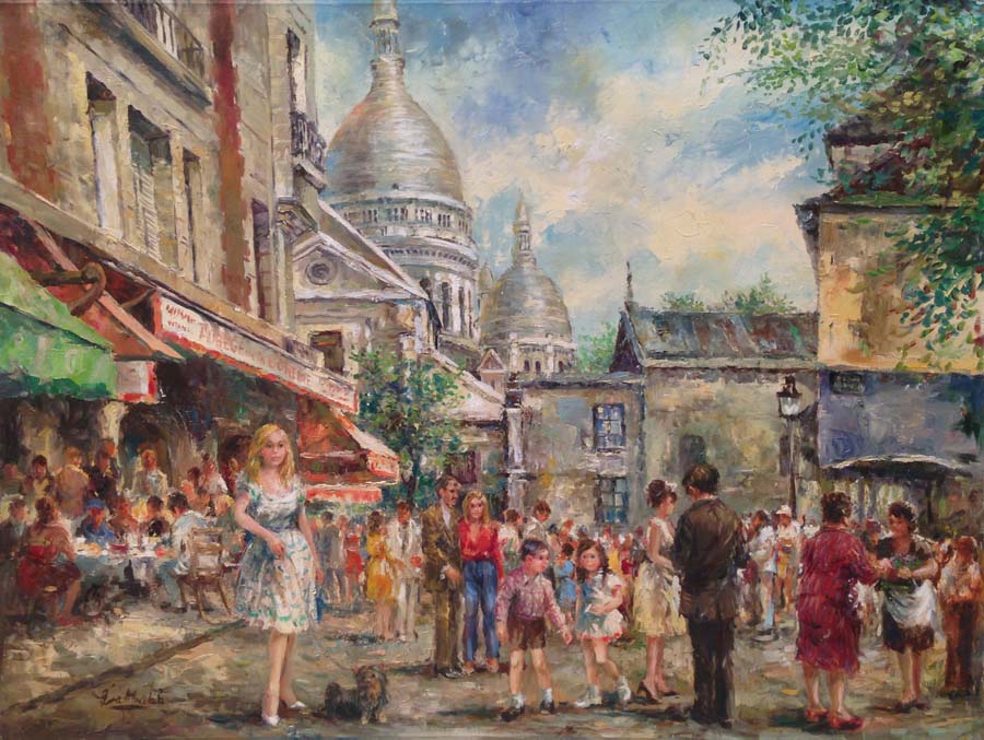 Morning in Montmartre by Eva Makk is a crowded street scene in the famous Montmartre district of Paris. In the background is the domes of the church.
