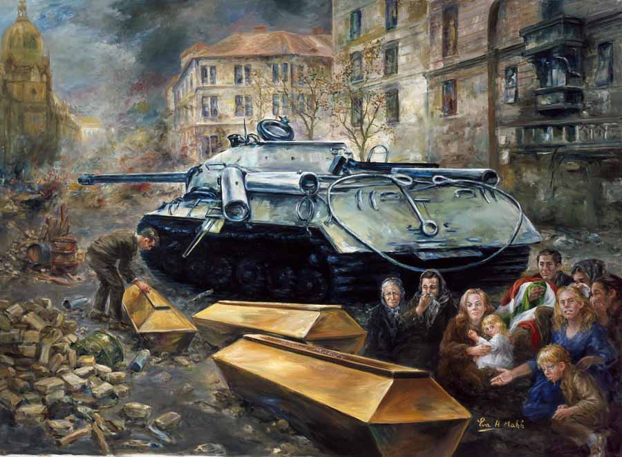 Depicts a disabled tank, shattered and burning apartments, and an unknown man, at left, writing on a coffin. Another man clutches to his heart a tattered Hungarian flag. This painting is part of the Hungarian millecentennial historical suite in the Museum of Hungarian Military History in Budapest.