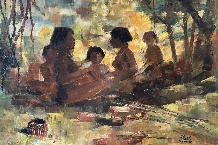 Repouso by Americo Makk shows a group of people seated in the forest. They appear in partial silhouette, and the background is in an abstract style.