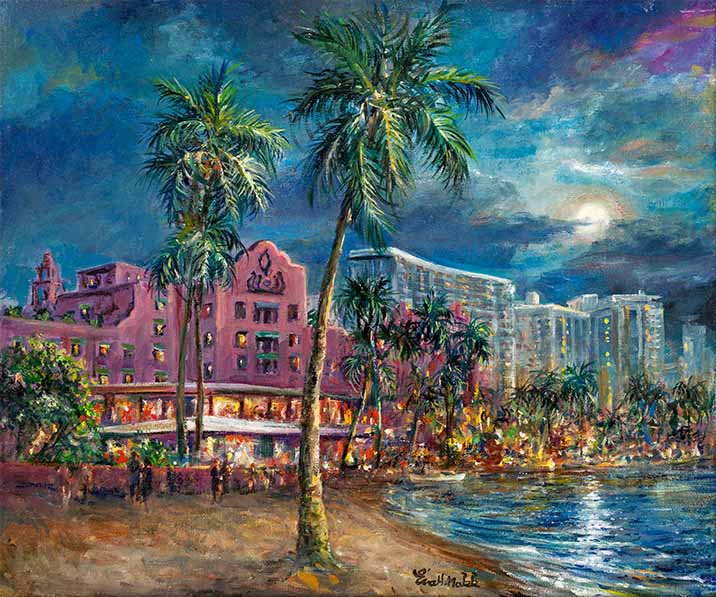 Royal Evening by Eva Makk shows the iconic Royal Hawaiian Hotel by moonlight. The POV is from the beach and there are palm trees in the foreground.
