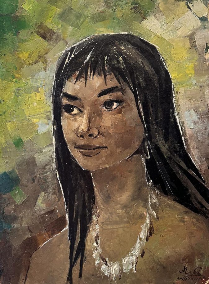 The Necklace by Americo Makk is a portrait of a young Amazonian woman wearing a white necklace.