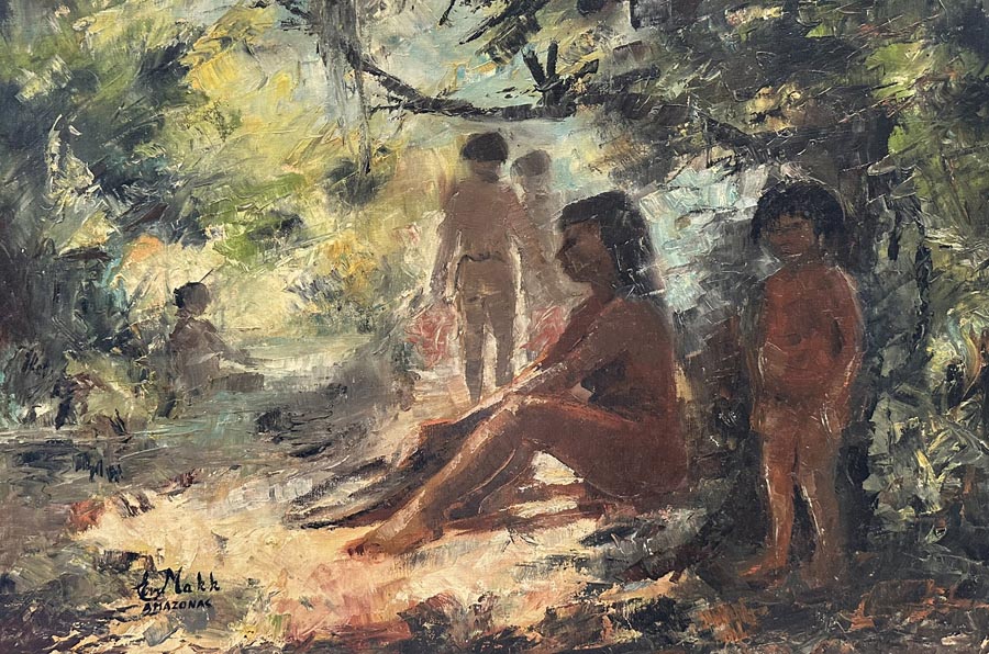 The Path by Americo Makk shows a woman and child in the foreground and two other people walking away from them. They are in the forest.