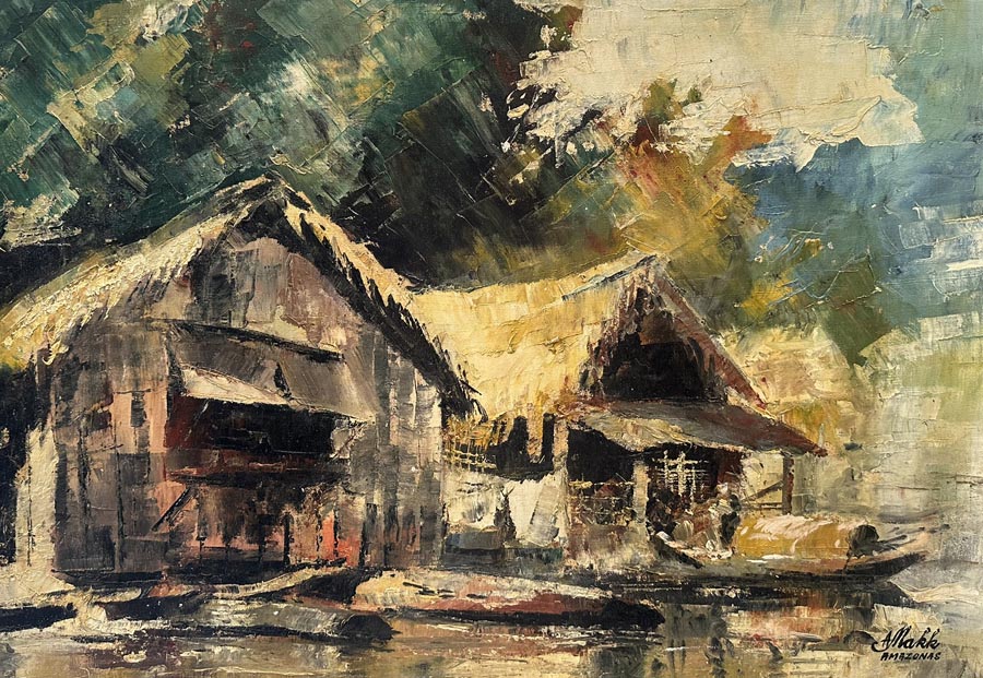 This untitled Amazon Scene by Americo Makk shows 2 huts on the river bank with trees behind them.