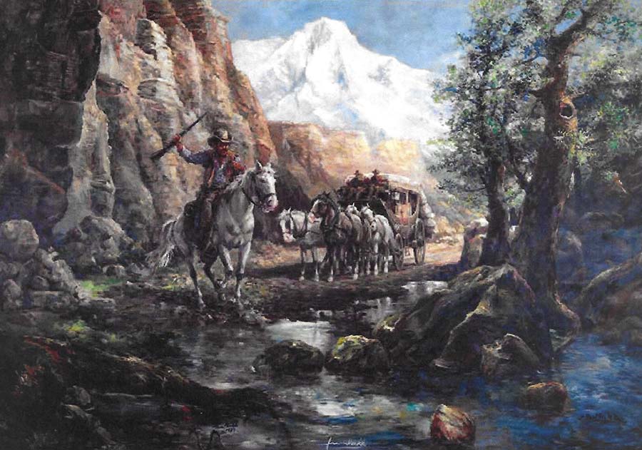 Americo, Eva and AB Makk all contributed to American Epic. The drama of a new nation is shown through this image of a stagecoach and horseback rider making their way along a river bed. A snow-capped mountain is behind them.