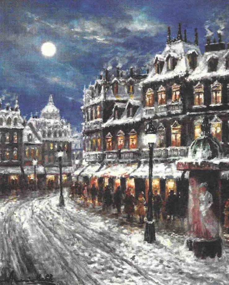 Downtown in Winter by Americo Makk shows a snowy street under a full moon. People go about their lives, shopping, visiting, or perhaps dining.
