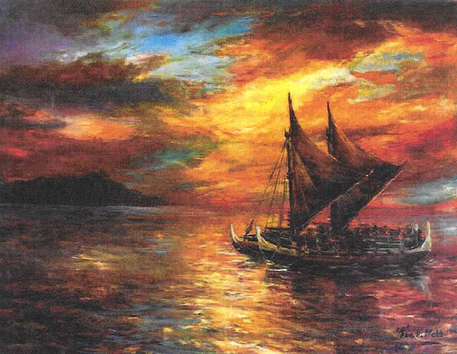 Epic Seafarers by Eva Makk shows the early golden morning light, a Polynesian sailing canoe is seen with Diamond Head in the background.