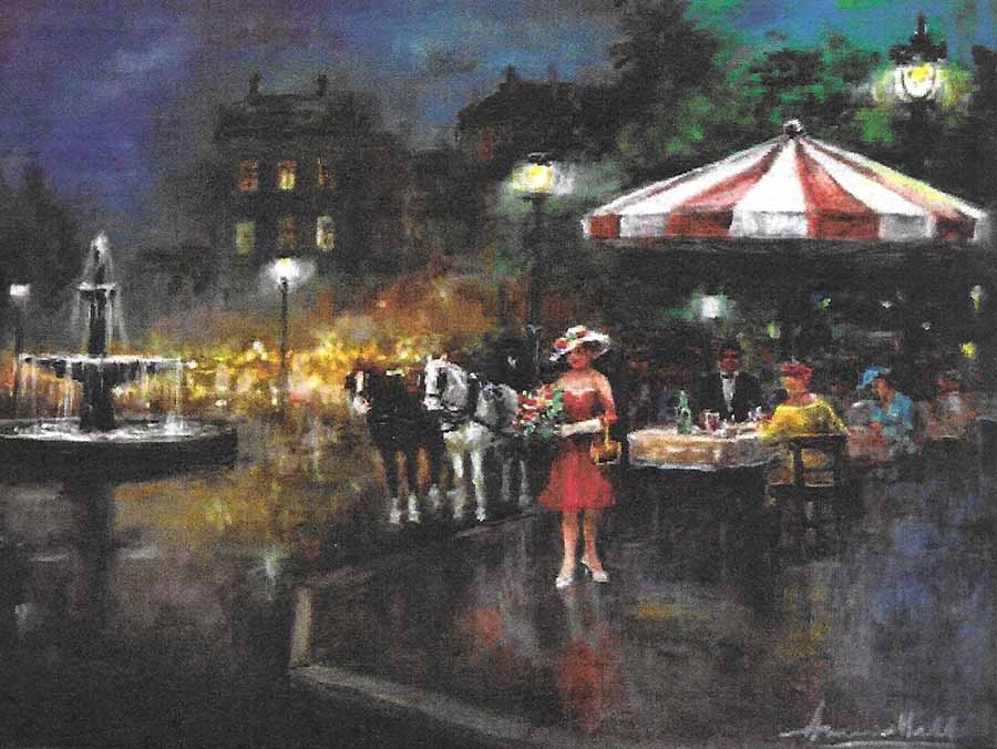 Fountain Plaza Lights by Americo Makk shows a woman in a red dress standing in a bustling plaza, holding a bouquet. There is a fountain at her left, and a horse and buggy behind her. Well dressed people are having dinner under a red and white umbrella. The scene is evening.