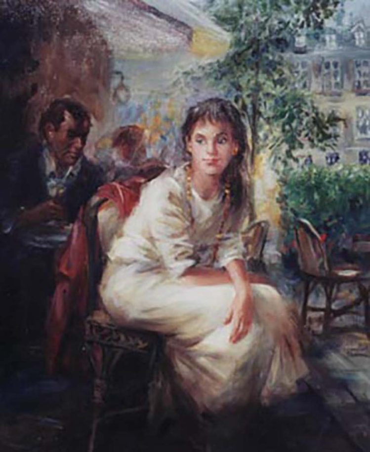 Girl in White by Eva Makk is a portrait of a young woman seated in a French cafe. She is leaning forward, slightly, with her arms resting on her crossed legs. She gazes thoughtfully off to the left.