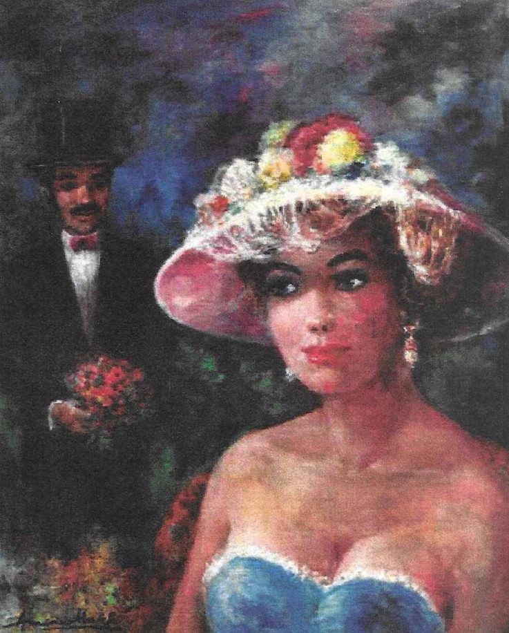 Happy Birthday by Americo Makk shows a woman in a sweetheart cut blue dress and hat decorated with flowers is in the foreground. A man in suit and top hat stand behind and to her left. He is holding a bouquet.