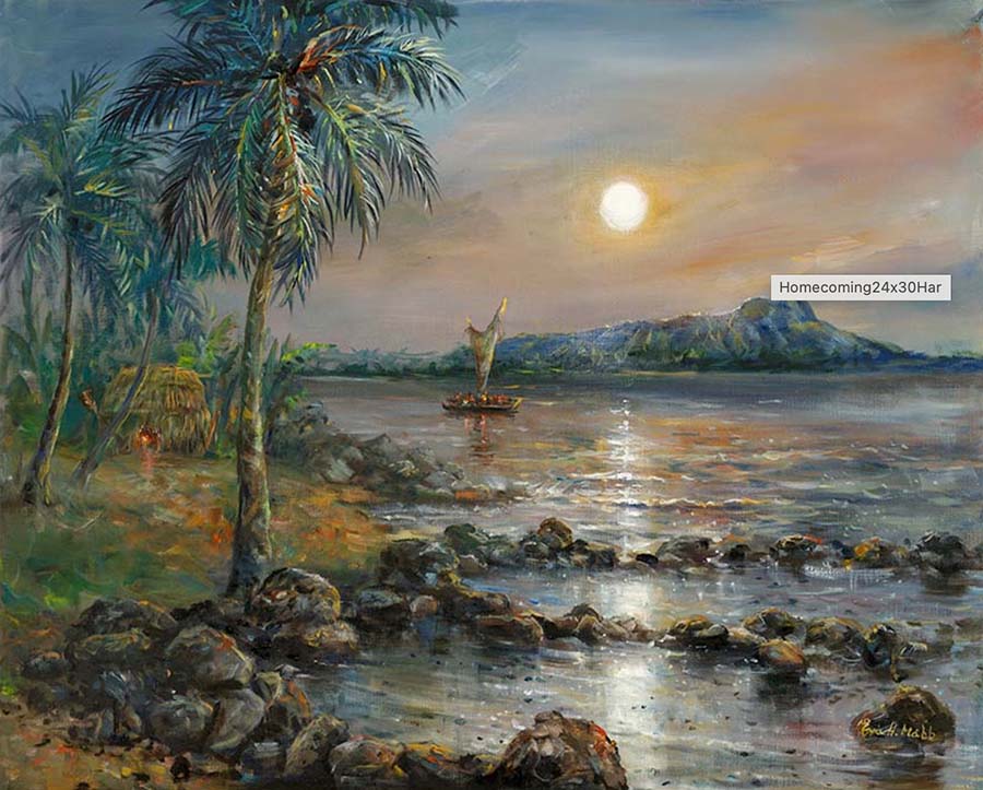 Homecoming by Eva Makk shows a rocky shoreline with Diamond Head in the background. The water is calm, and there is a Polynesian sailing boat in the mid-ground.