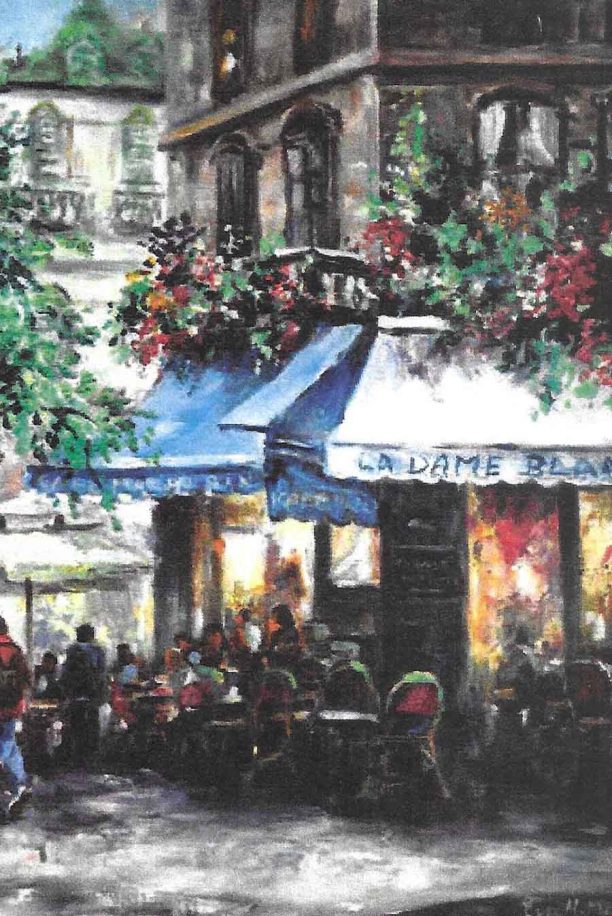 La Dame Blanche by Eva Makk shows the exterior of the restaurant La Dame Blanche. People are seated at cafe tables enjoying the vibrant atmosphere.