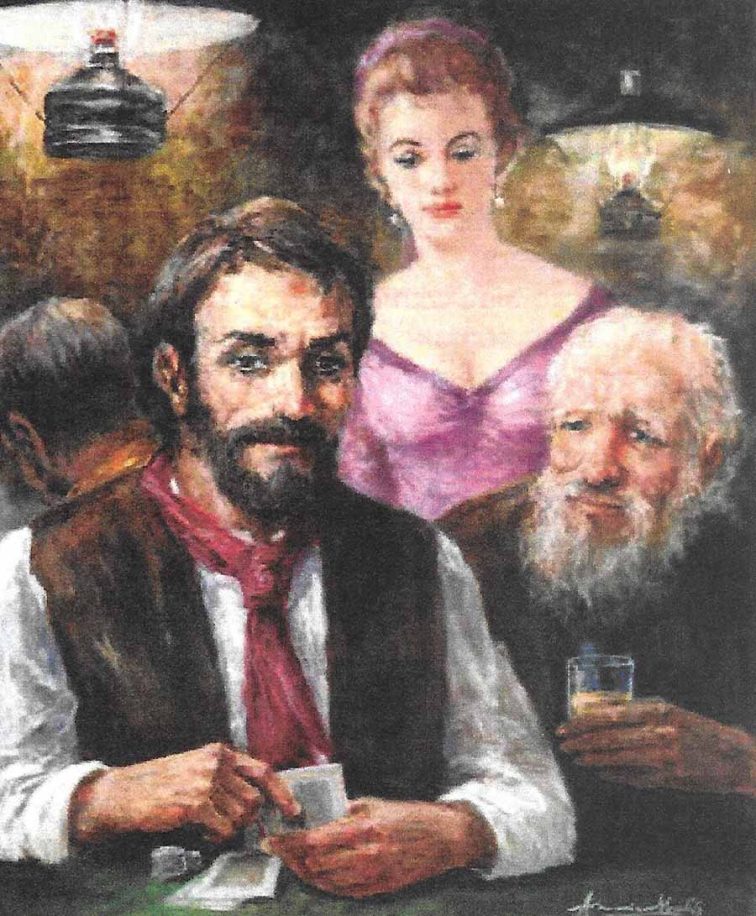 Sure Hand by Americo Makk looks in on a card game. The player, with a man and a woman watching from behind, appears to have a winning hand.