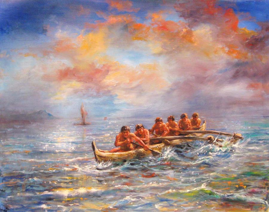 Swift Paddle shows 6 men padding an outrigger canoe. The colors are jewel tones of blue, red, yellow ad green. The ocean water sparkles from the sunlight.