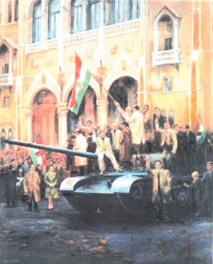 The Feeling of Freedom by Americo Makk ithe painting depicts a jubilant, unorganized crowd of Hungarian civilians shortly after they seized a Soviet tank outside of the Hungarian Parliament in Pest.