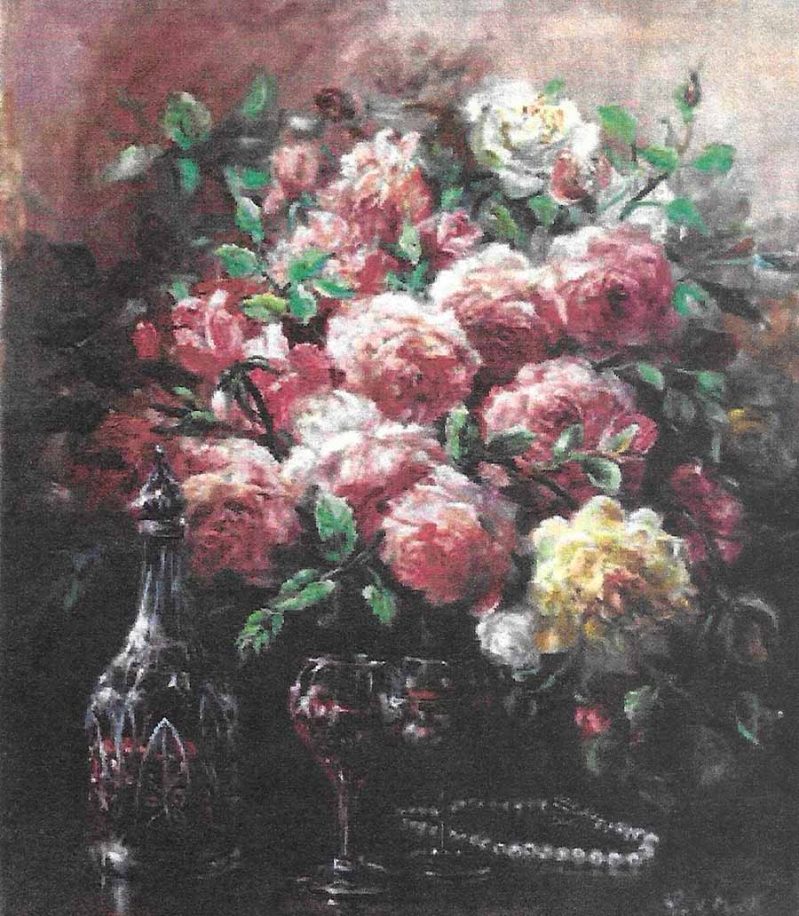 Wine and Roses by Eva Makk is a still life featuring a display of roses on a table. There is a decanter and two glasses containing red wine. A string of pearls sits between the glasses and the roses.